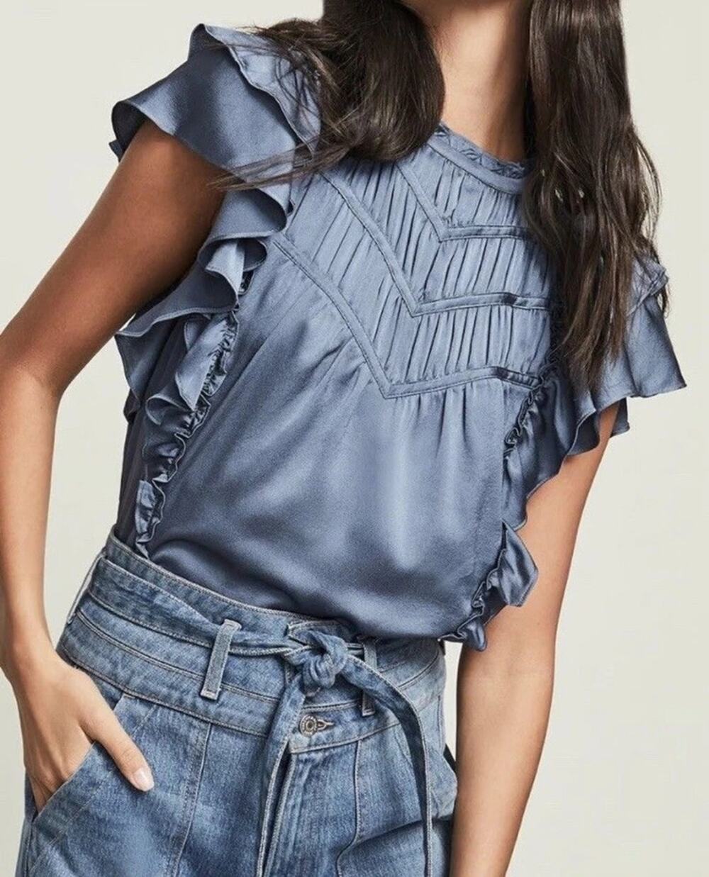 Veronica Beard Mandell Satin Pleated Yoke Ruffled Blouse Top Dark Slate Womens 2